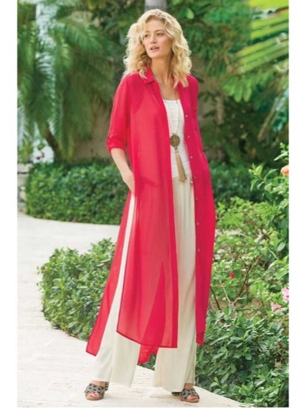 Mlle Gabrielle Women’s Midi Dress XL Red Button Down Long Shirt Bohemian Sheer